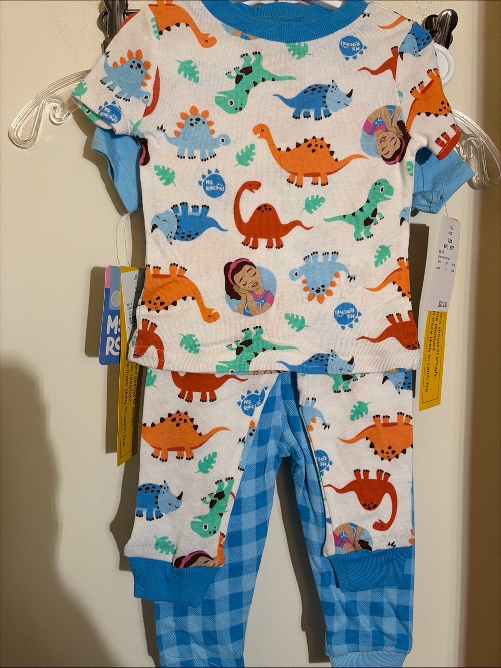 Kids Dino Print Two-Piece Pajama Set - Blue Trim. Ms.Rachel